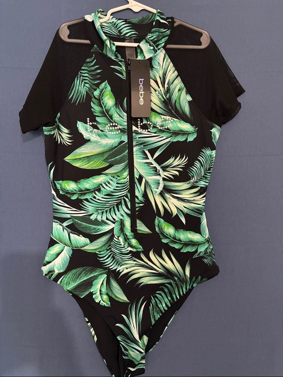 bebe Other - bebe Black Swim Bodysuit with Green Tropical Leaf Print and Front Zip